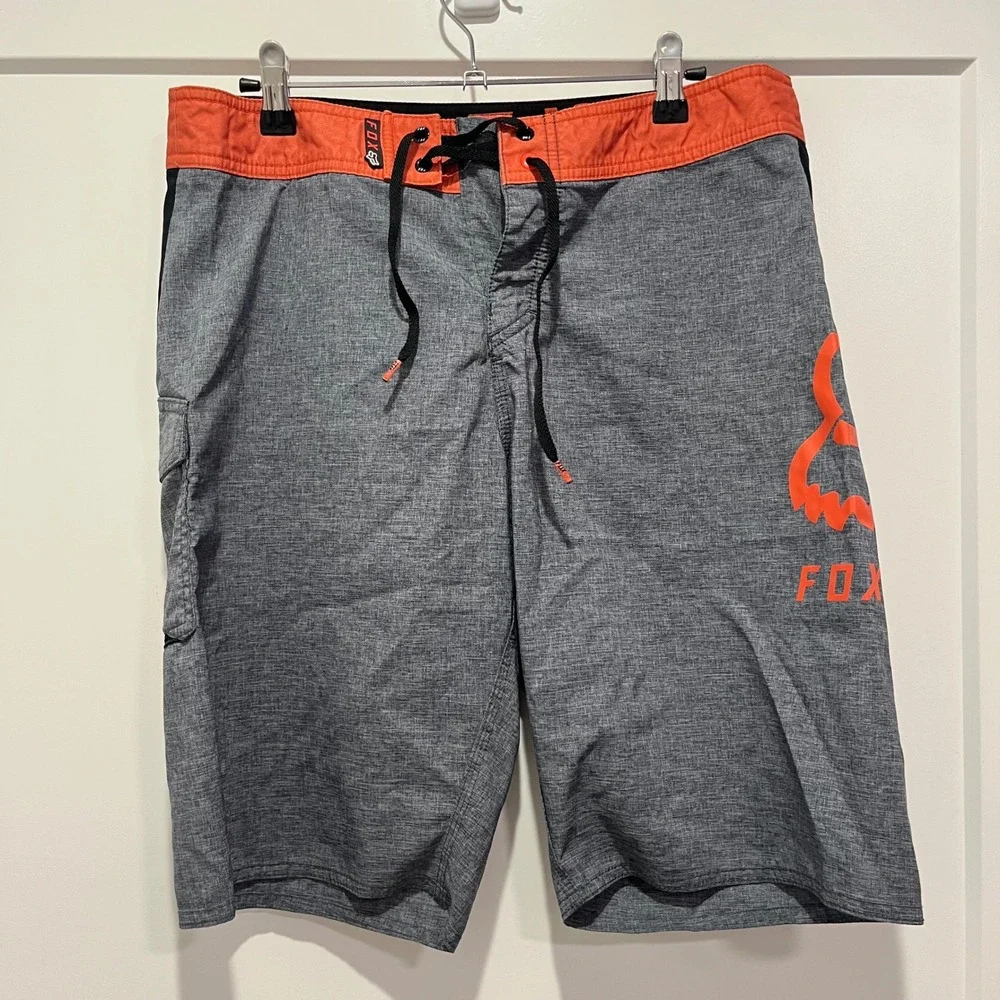Fox Racing 360 Board Shorts Mens 30 Grey Orange Black Logo Swim Trunks Cargo